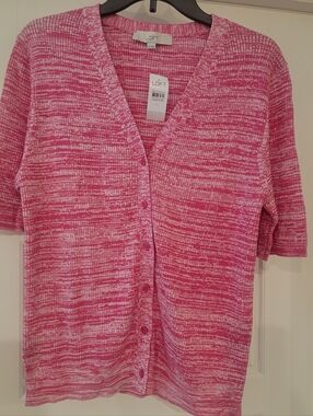 LOFT Pink Marled Short-Sleeve V-Neck Cardigan